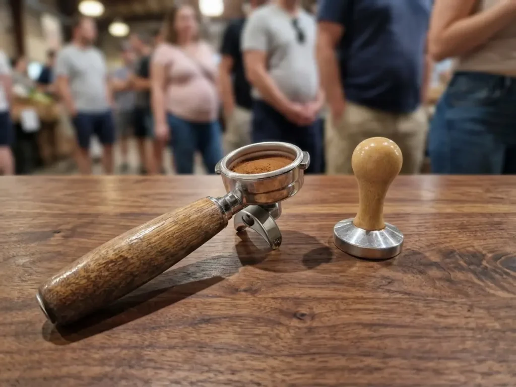 Portafilter gefüllt mit Kaffee auf einem Holztisch, daneben ein Tamper. Im Hintergrund eine Schlange.